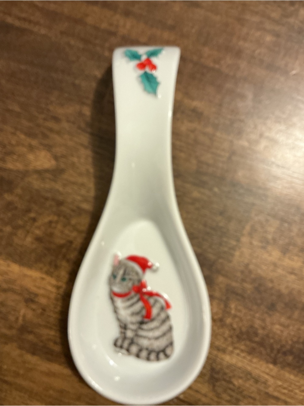 Vintage Christmas Cat Ceramic Spoon Recipe Japan Porcelain Gray Tabby Santa Hat